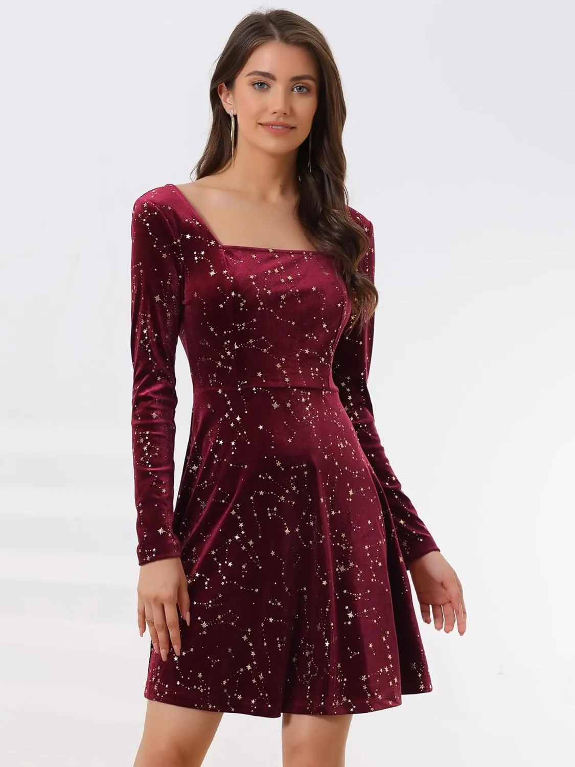 Allegra K Women's Fall Winter Velvet Long Sleeve Dresses Star Square Neck A Line Mini Dress for Party Cocktail Christmas