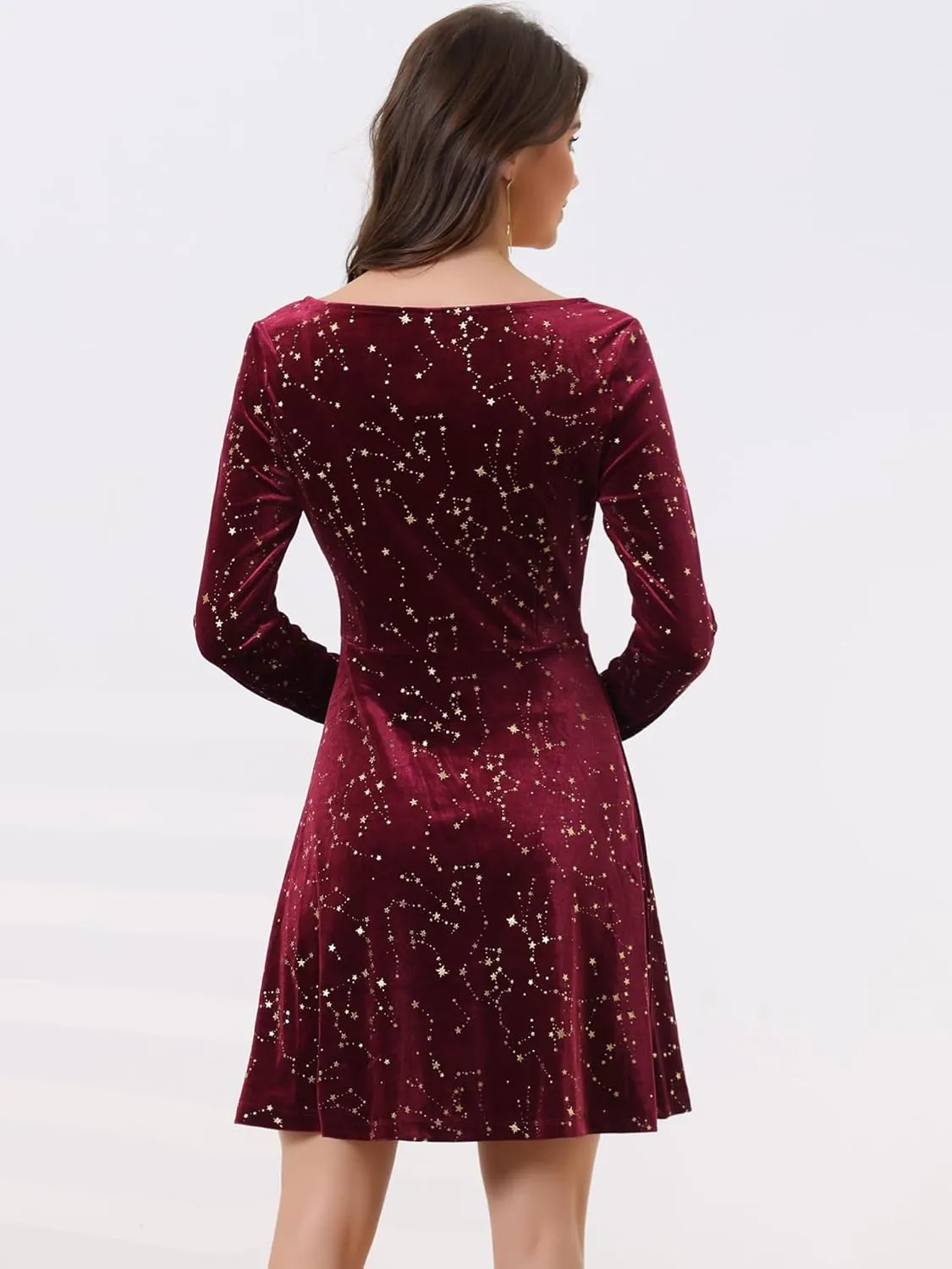 Allegra K Women's Fall Winter Velvet Long Sleeve Dresses Star Square Neck A Line Mini Dress for Party Cocktail Christmas