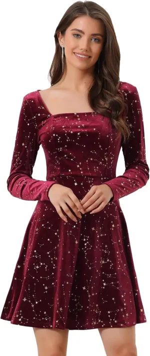 Allegra K Women's Fall Winter Velvet Long Sleeve Dresses Star Square Neck A Line Mini Dress for Party Cocktail Christmas