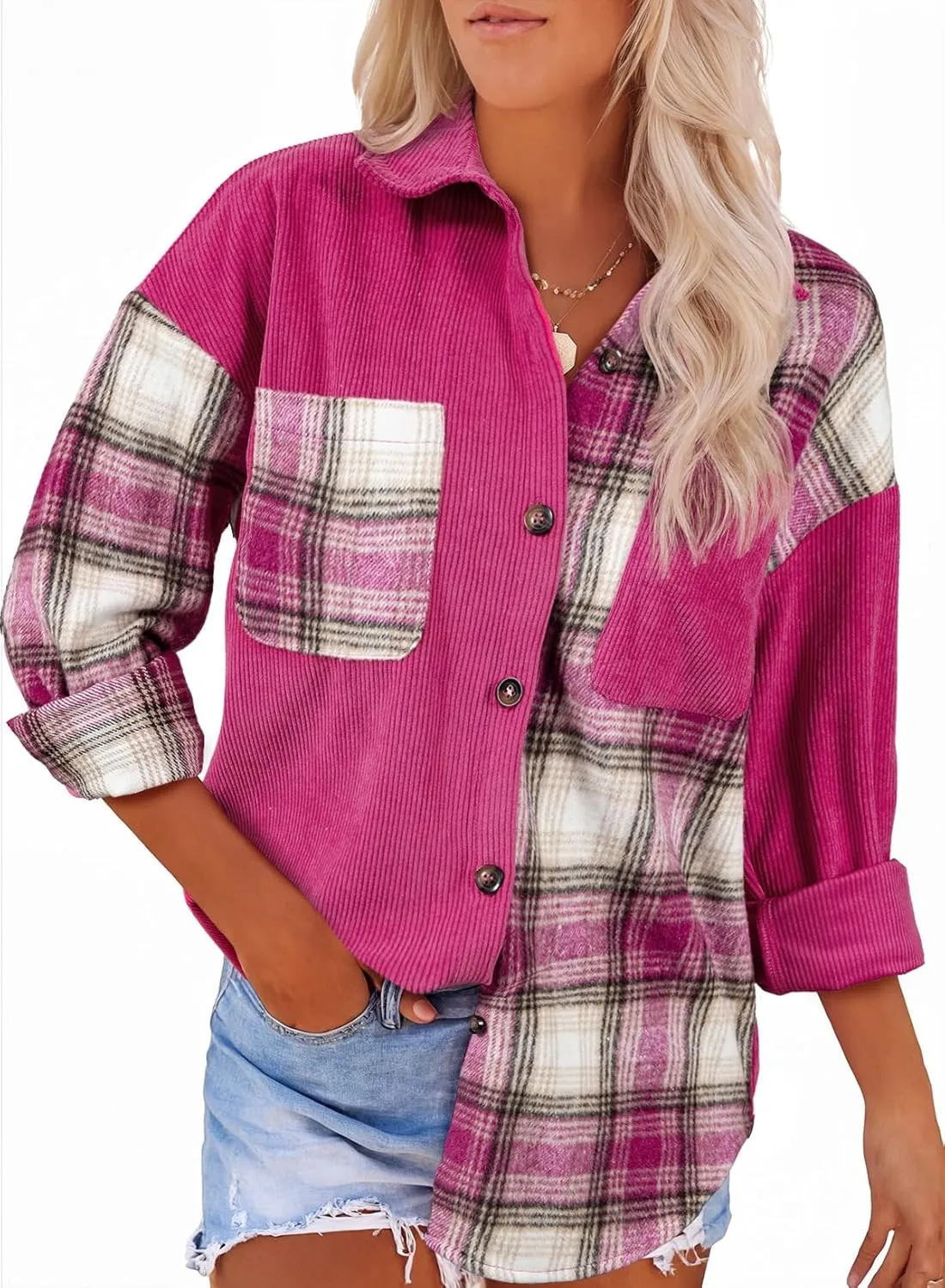 Astylish Women's Color Block Corduroy Shirts Long Sleeve Button Down Boyfriend Blouses Tops