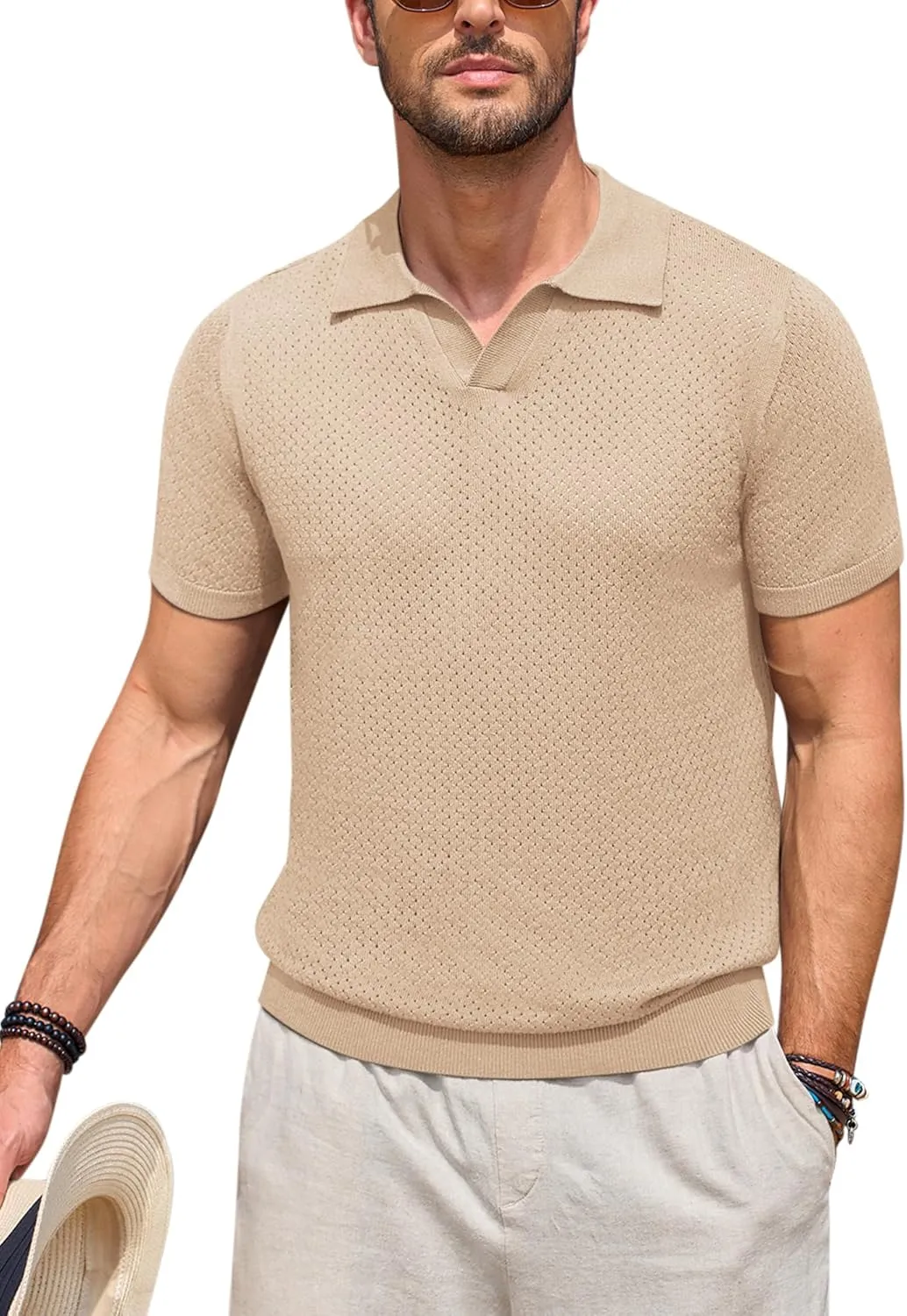 Beotyshow Mens Knit Polo Shirts Short Sleeve Hollow Out Crochet Sweater Tops Regular Fit Casual Fashion Basic Tee