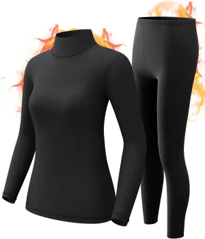 CL convallaira Women Thermal Underwear Base Layer Long Johns with Fleece Lined Set Winter Warm Top Bottom, Turtleneck, XX Small, Black