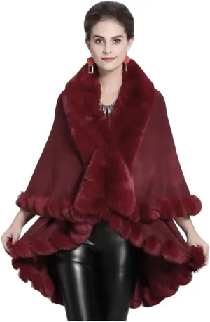 Coat-Cape-Faux Fur-Fur-Ruana-blanket-Caplet-Wrap-Shrug-Sweater-Poncho-dress shawl (Wool blend cape with faux fur trim - Wine)