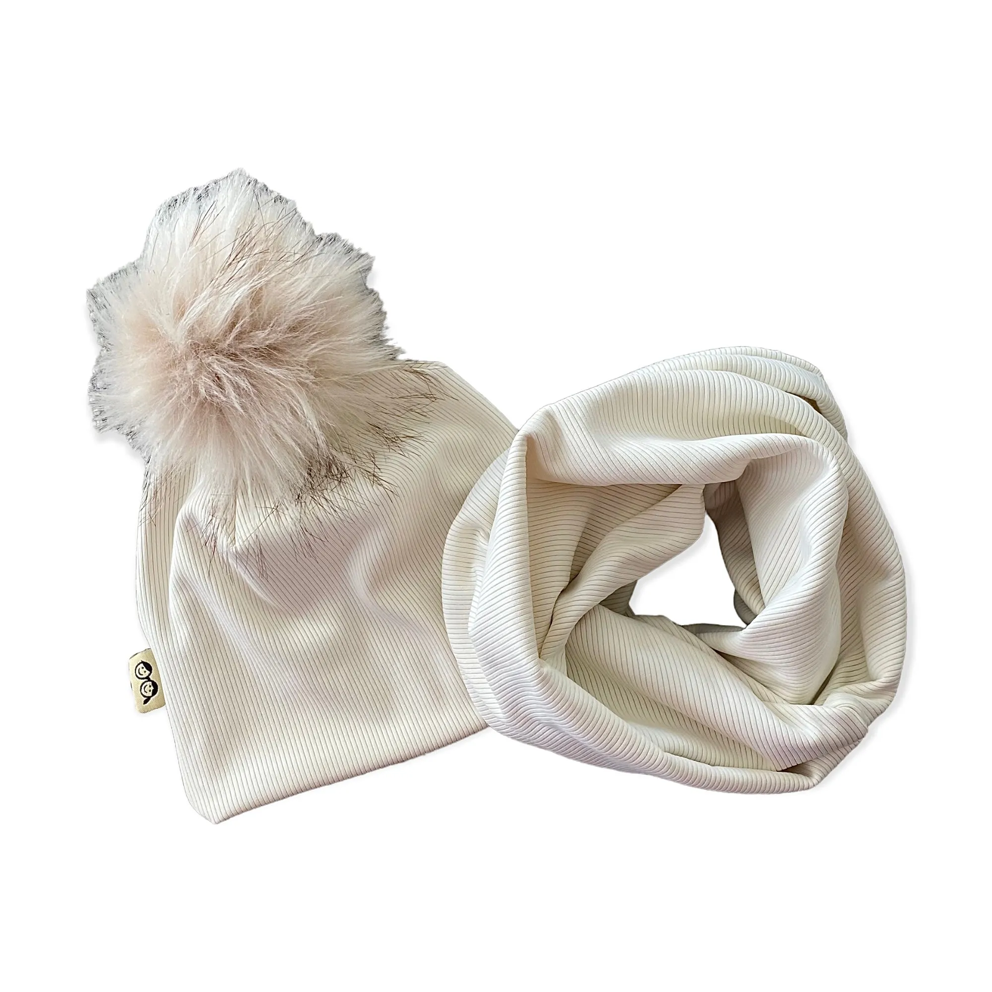 Cream Ribbed Faux Fur Pom Pom Hat and Infinity Scarf