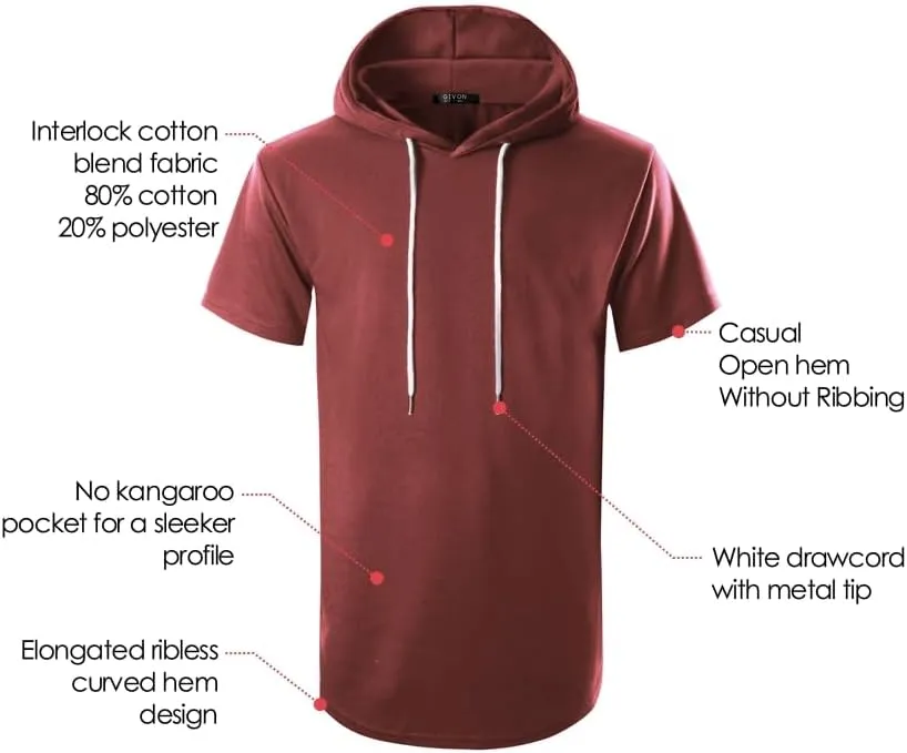 GIVON Men's Short Sleeve Pullover Hoodie Hipster Longline Hooded Shirt Lightweight Cotton Blend Casual Streetwear