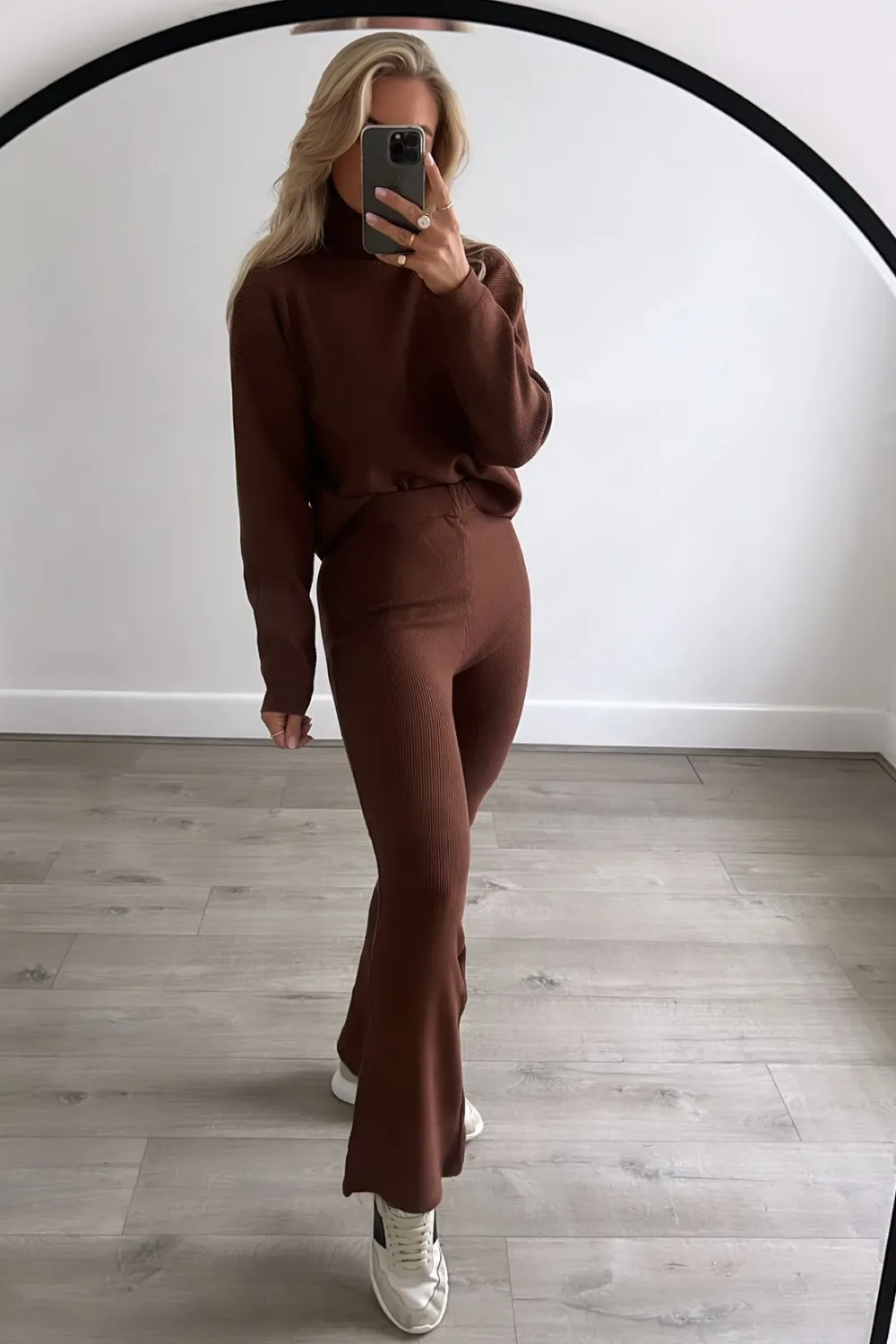 Gracie chocolate roll neck ribbed knitted flared loungeset