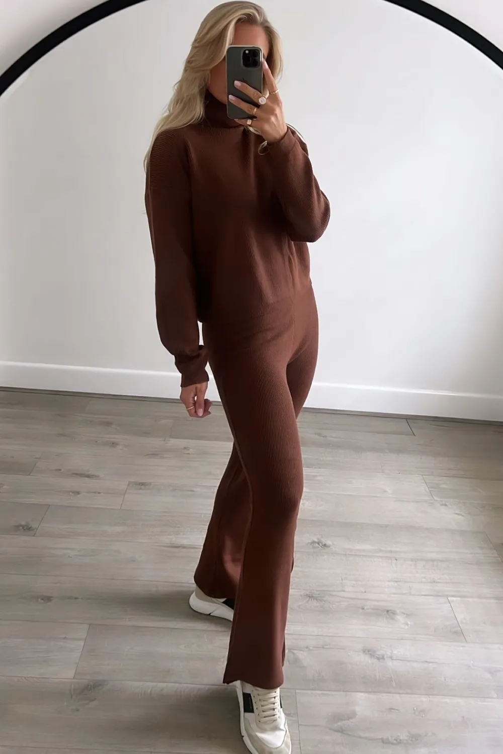 Gracie chocolate roll neck ribbed knitted flared loungeset