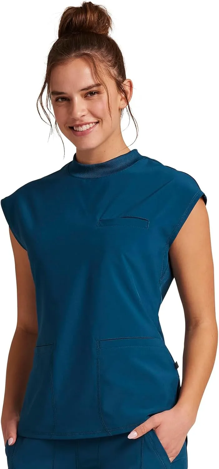 Infinity Mock Neck Top for Women with 4 Pockets, Dolman Sleeves, and Rib-Knit Back Panel - Stylish Medical Top CK742A