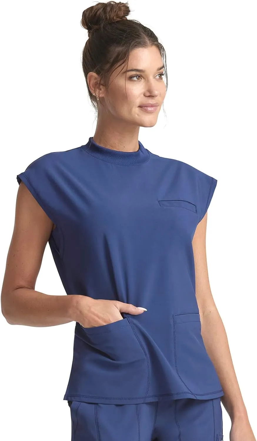 Infinity Mock Neck Top for Women with 4 Pockets, Dolman Sleeves, and Rib-Knit Back Panel - Stylish Medical Top CK742A