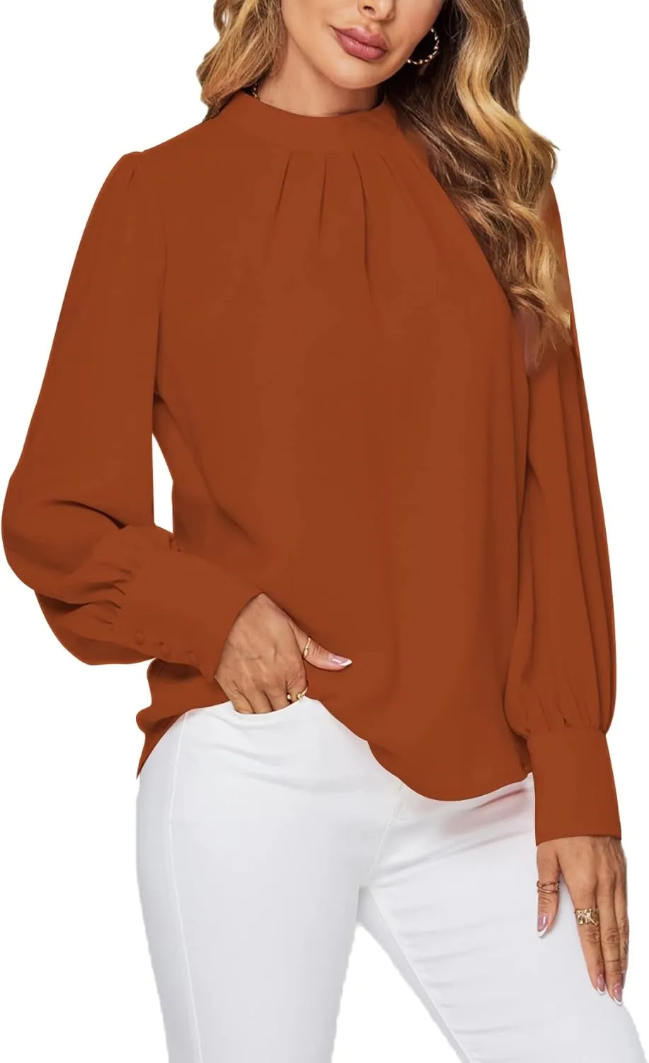 LYANER Women's Mock Neck Pleated Solid Long Sleeve Blouse Office Shirt Top