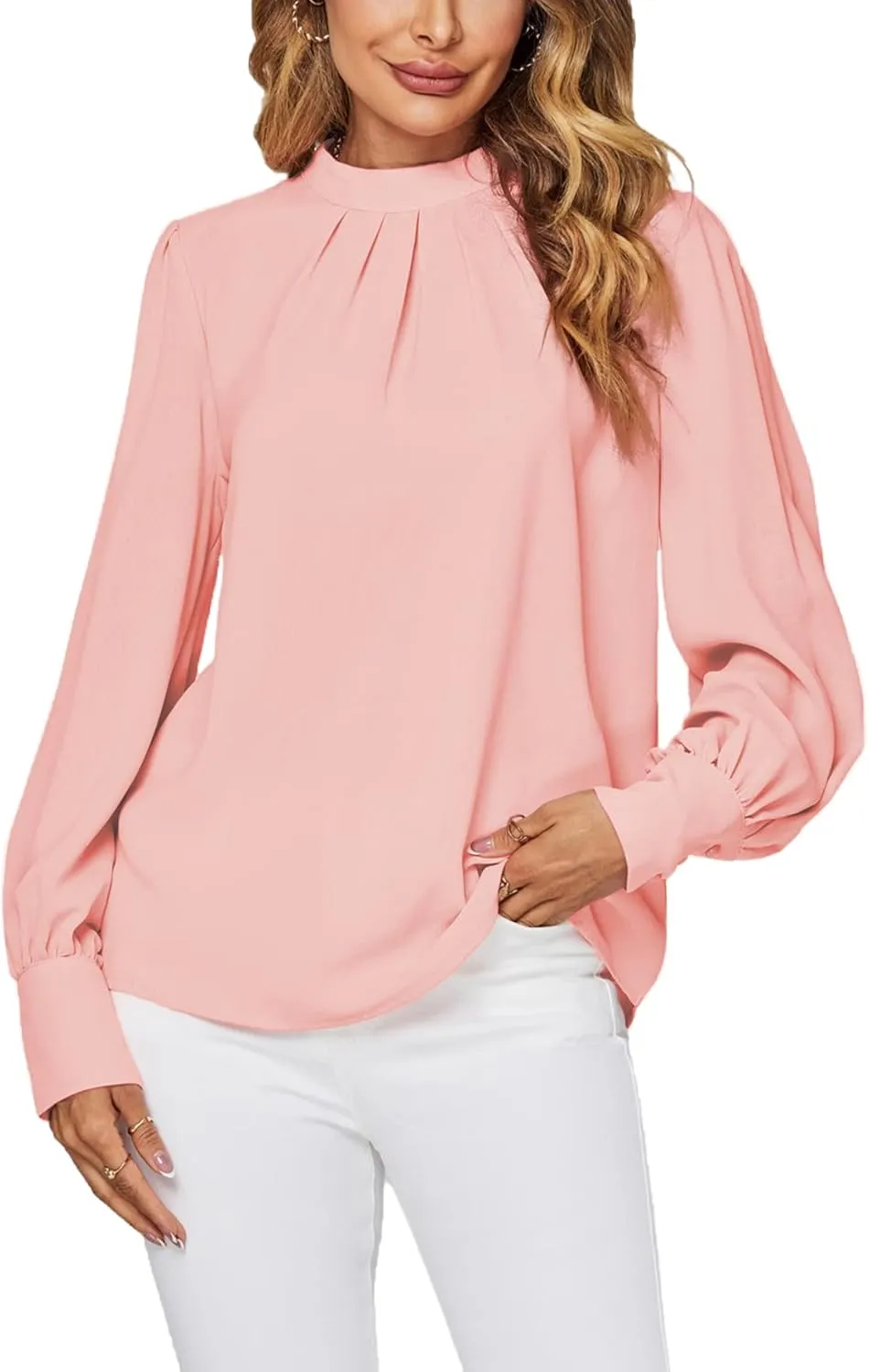 LYANER Women's Mock Neck Pleated Solid Long Sleeve Blouse Office Shirt Top