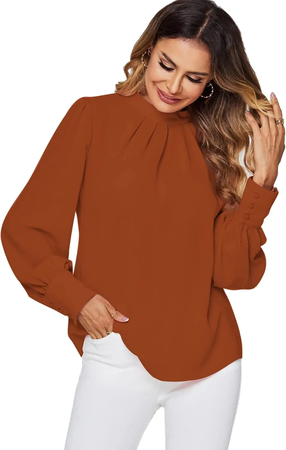 LYANER Women's Mock Neck Pleated Solid Long Sleeve Blouse Office Shirt Top