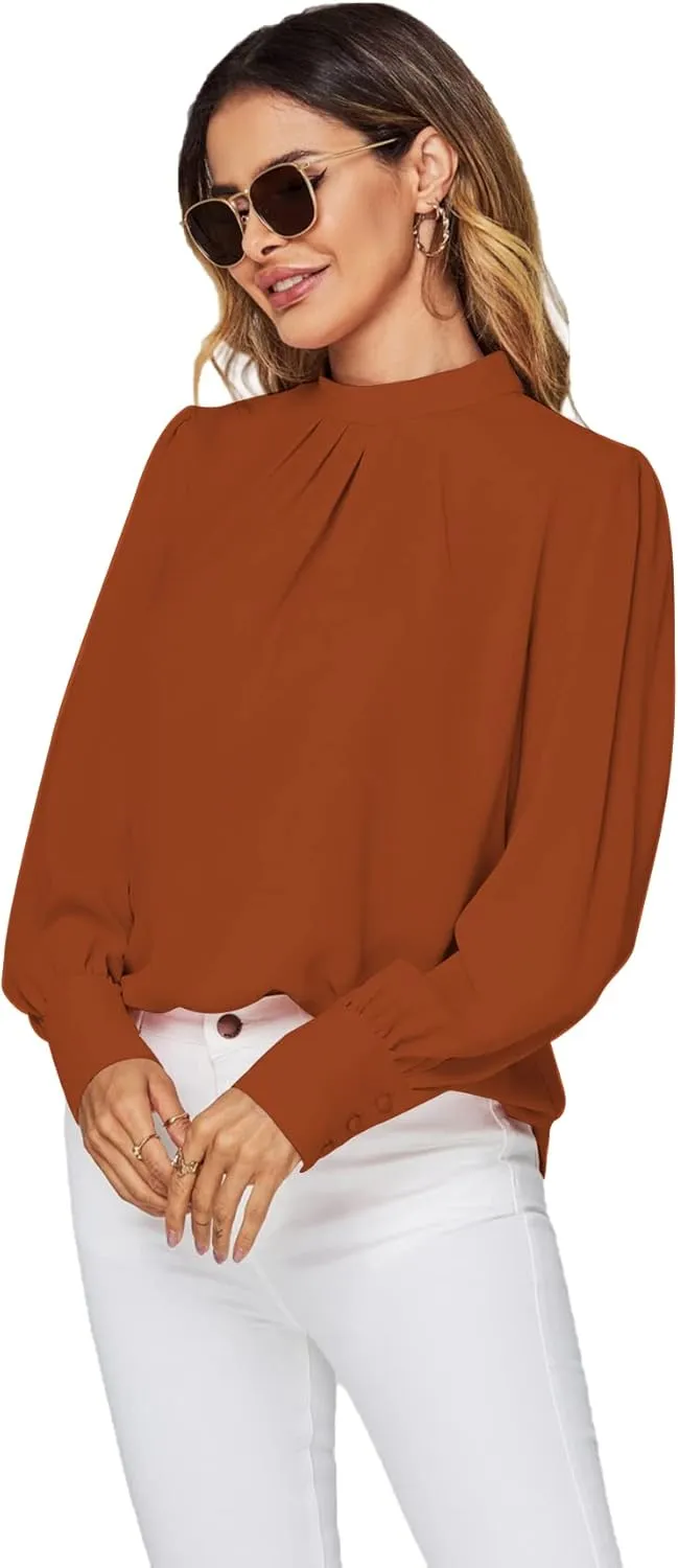 LYANER Women's Mock Neck Pleated Solid Long Sleeve Blouse Office Shirt Top