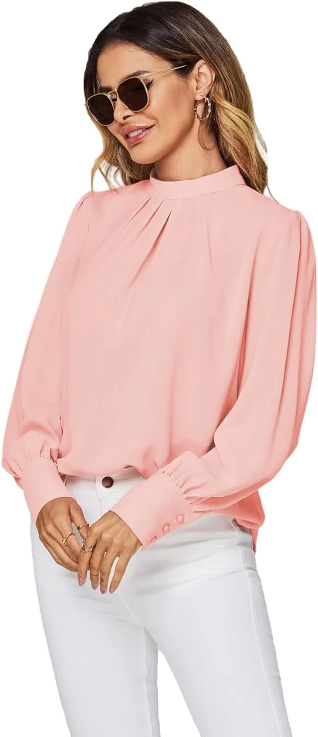 LYANER Women's Mock Neck Pleated Solid Long Sleeve Blouse Office Shirt Top