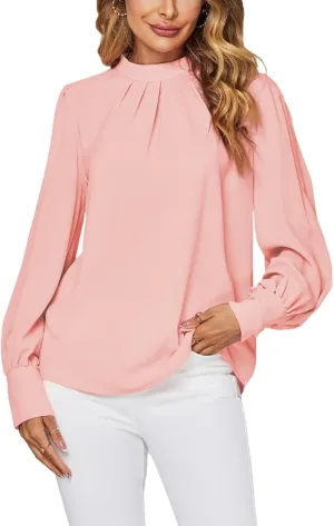 LYANER Women's Mock Neck Pleated Solid Long Sleeve Blouse Office Shirt Top