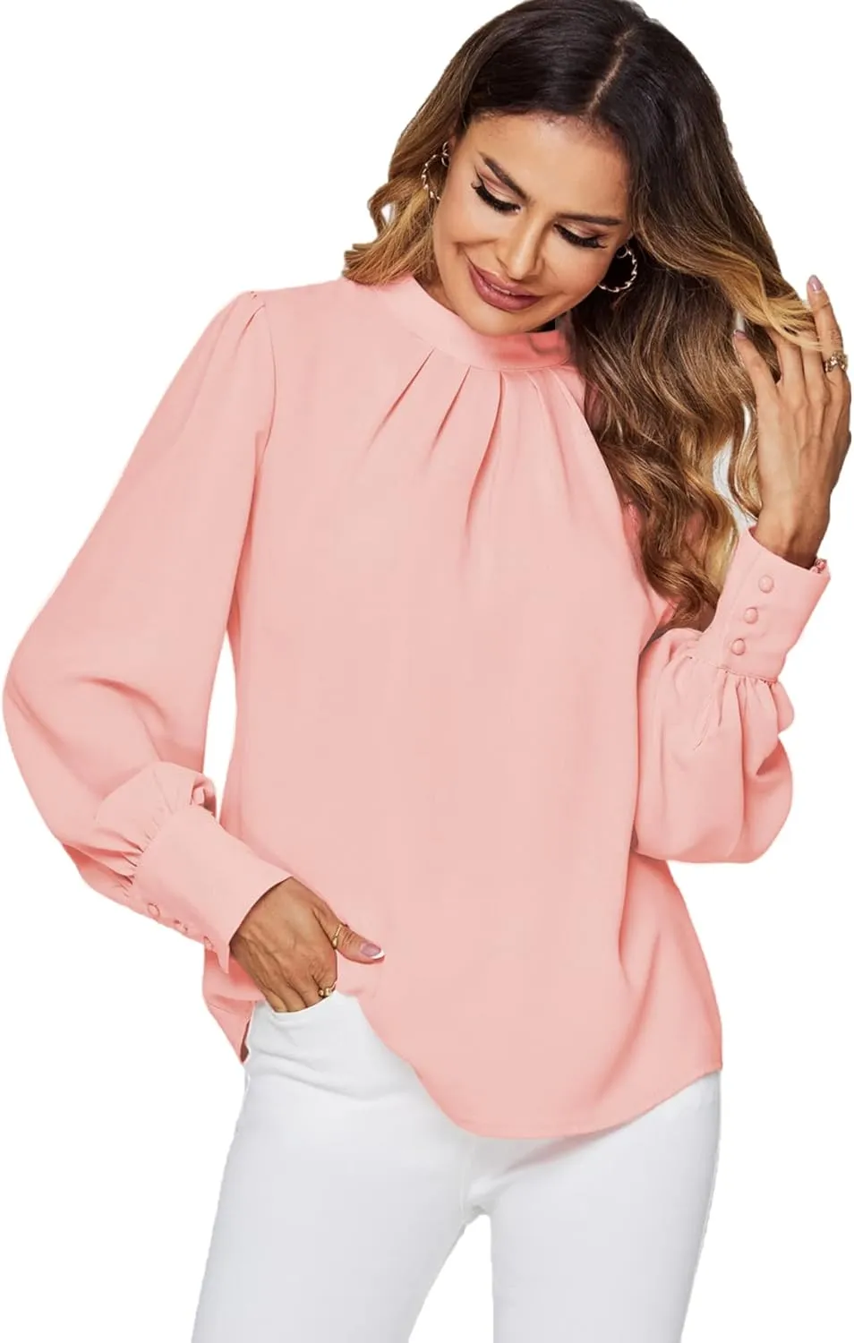 LYANER Women's Mock Neck Pleated Solid Long Sleeve Blouse Office Shirt Top