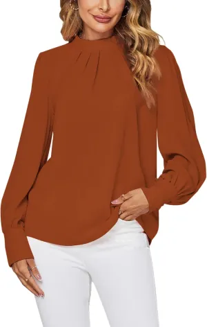 LYANER Women's Mock Neck Pleated Solid Long Sleeve Blouse Office Shirt Top