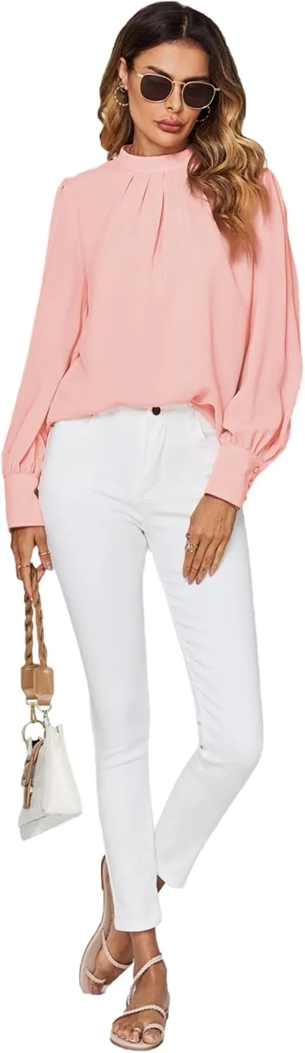 LYANER Women's Mock Neck Pleated Solid Long Sleeve Blouse Office Shirt Top