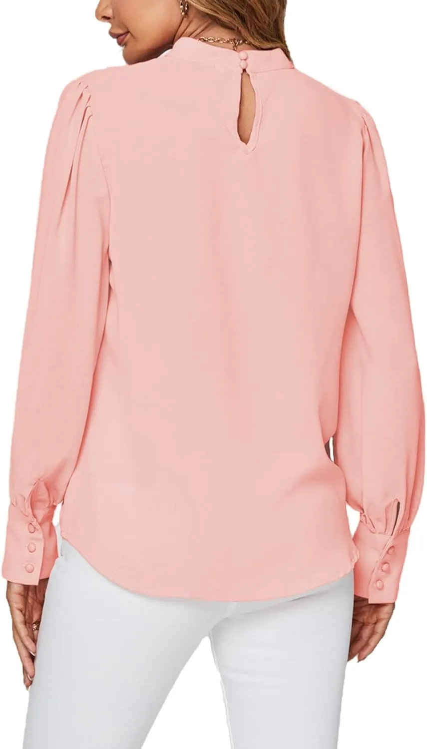LYANER Women's Mock Neck Pleated Solid Long Sleeve Blouse Office Shirt Top