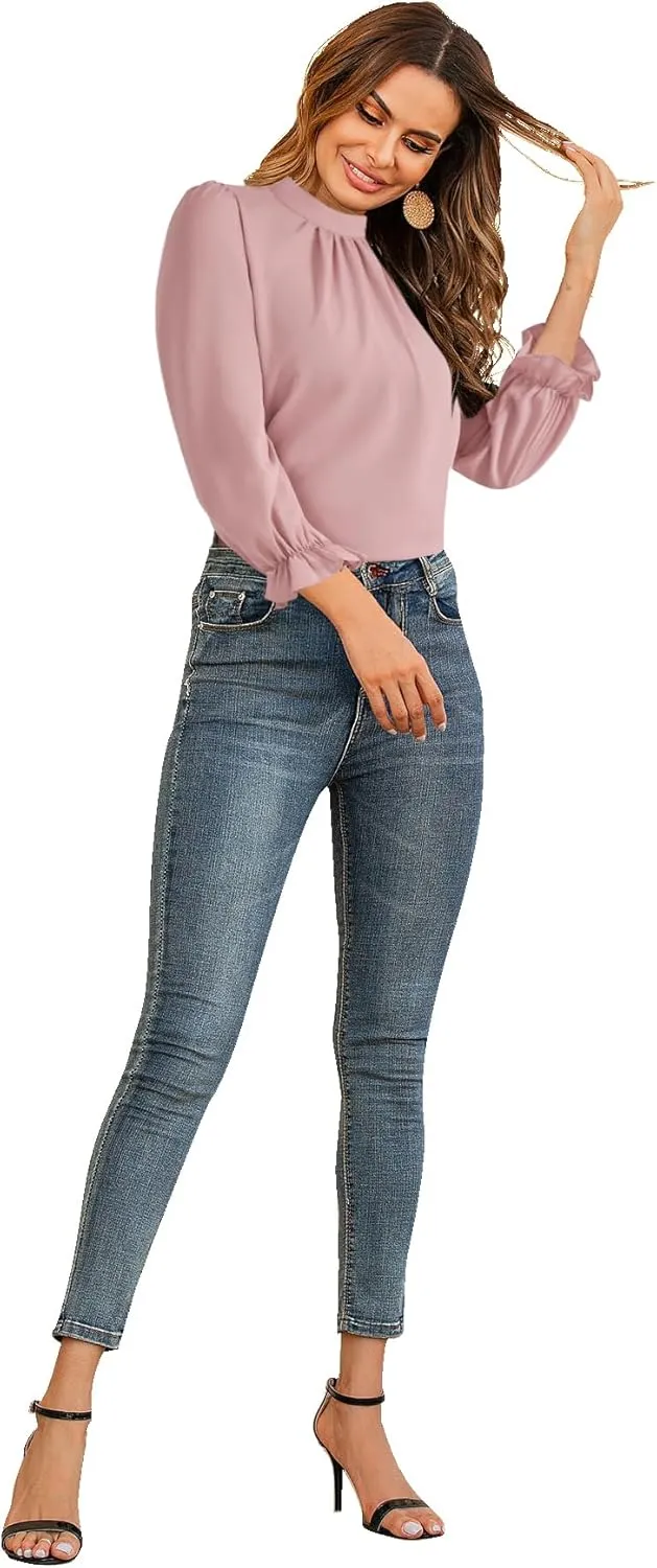 LYANER Women's Mock Neck Ruffle Trim Puff Long Sleeve Blouse Casual Office Shirt Top