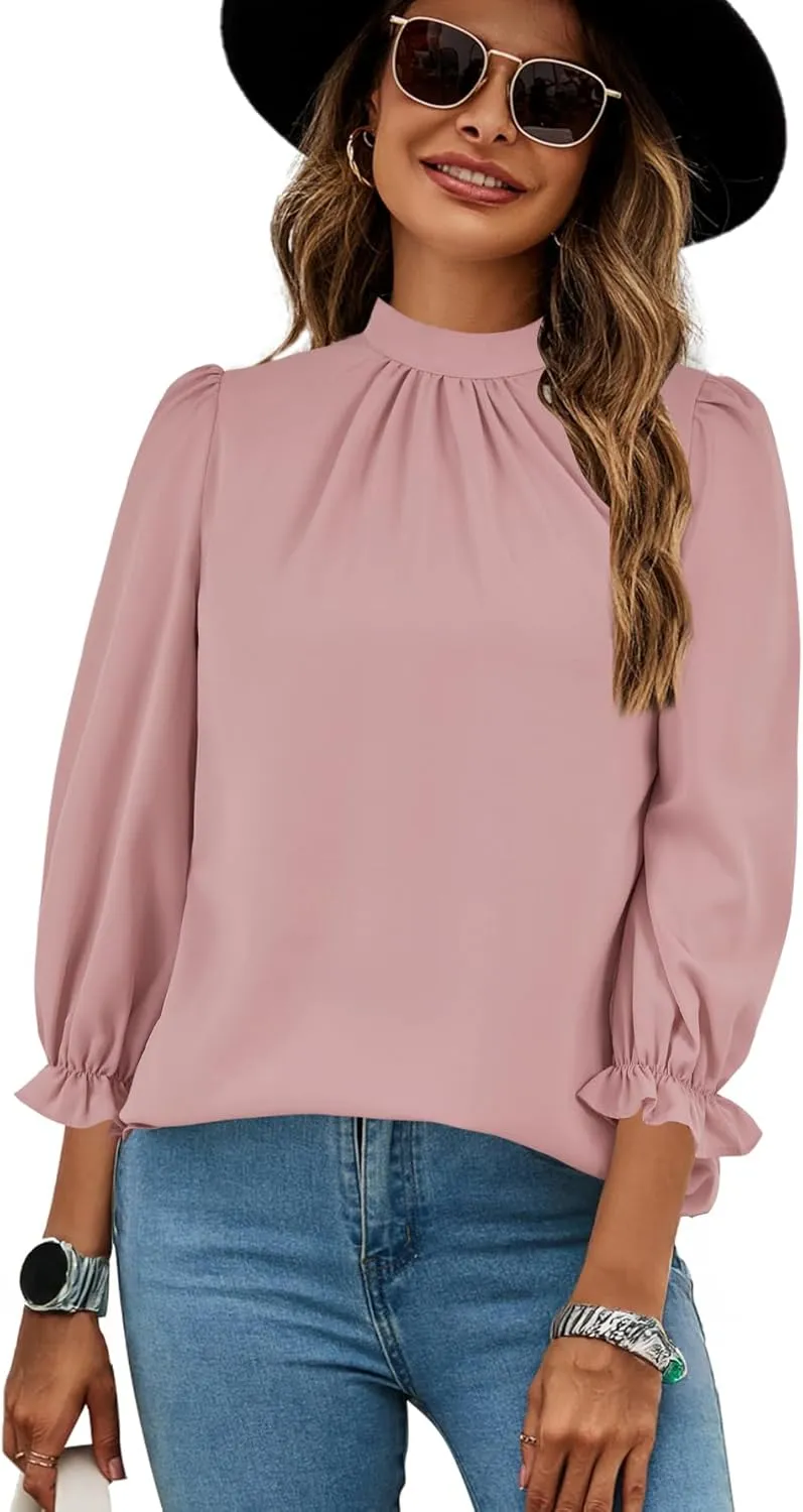 LYANER Women's Mock Neck Ruffle Trim Puff Long Sleeve Blouse Casual Office Shirt Top