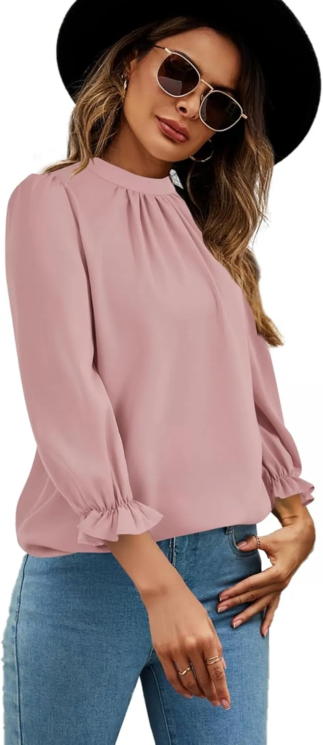 LYANER Women's Mock Neck Ruffle Trim Puff Long Sleeve Blouse Casual Office Shirt Top