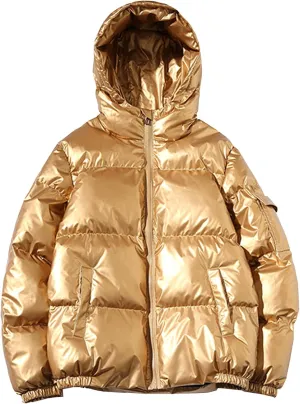 Maiyifu-GJ Men's Metallic Hooded Puffer Jacket Winter Warm Down Jackets Full Zip Alternative Quilted Padded Coat