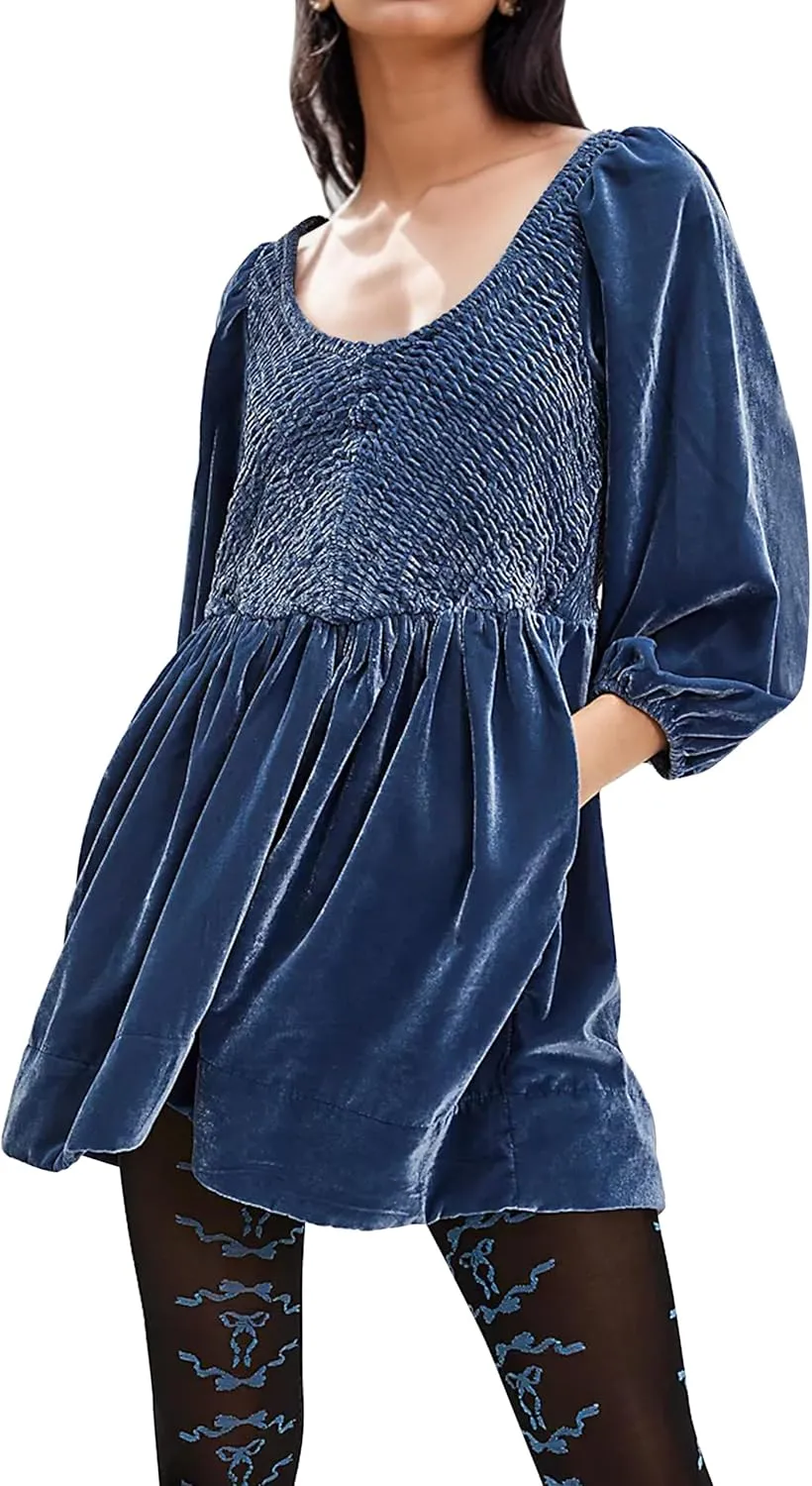MISSACTIVER Women's Velvet Balloon Sleeve Babydoll Dress Scoop Neck Smocked Drop Waist Short Dress Ruffle Hem Flare Dresses