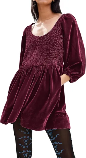 MISSACTIVER Women's Velvet Balloon Sleeve Babydoll Dress Scoop Neck Smocked Drop Waist Short Dress Ruffle Hem Flare Dresses