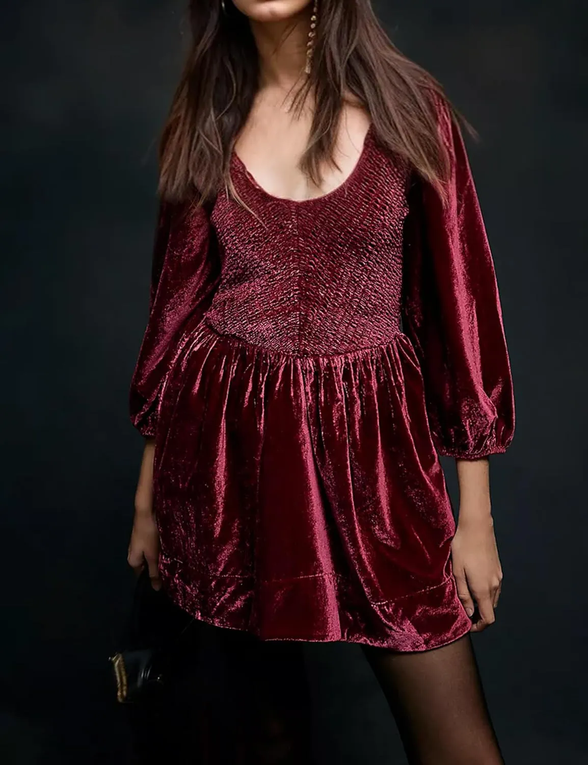 MISSACTIVER Women's Velvet Balloon Sleeve Babydoll Dress Scoop Neck Smocked Drop Waist Short Dress Ruffle Hem Flare Dresses