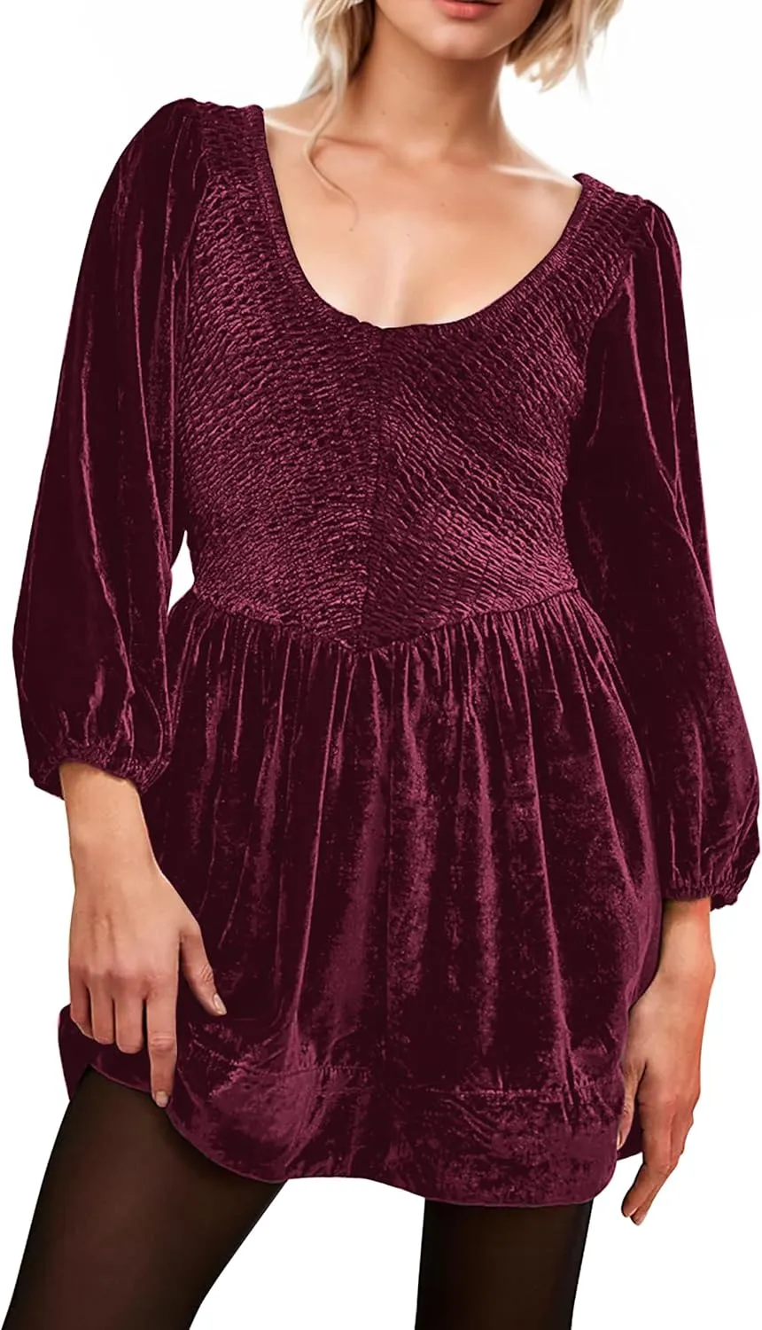MISSACTIVER Women's Velvet Balloon Sleeve Babydoll Dress Scoop Neck Smocked Drop Waist Short Dress Ruffle Hem Flare Dresses