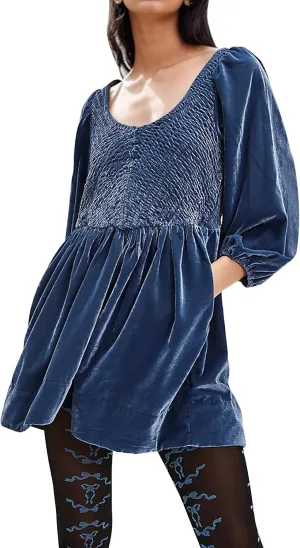 MISSACTIVER Women's Velvet Balloon Sleeve Babydoll Dress Scoop Neck Smocked Drop Waist Short Dress Ruffle Hem Flare Dresses
