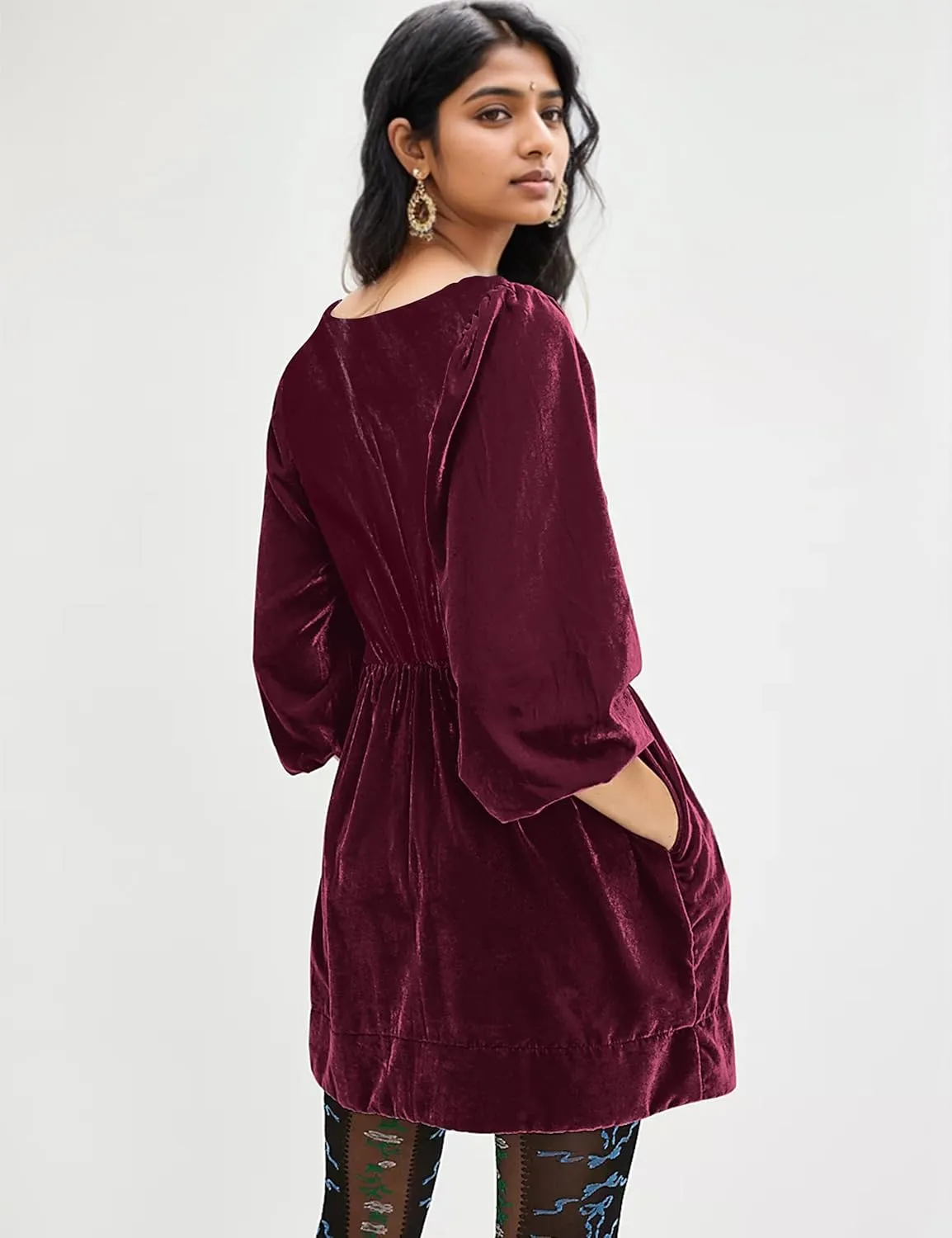 MISSACTIVER Women's Velvet Balloon Sleeve Babydoll Dress Scoop Neck Smocked Drop Waist Short Dress Ruffle Hem Flare Dresses