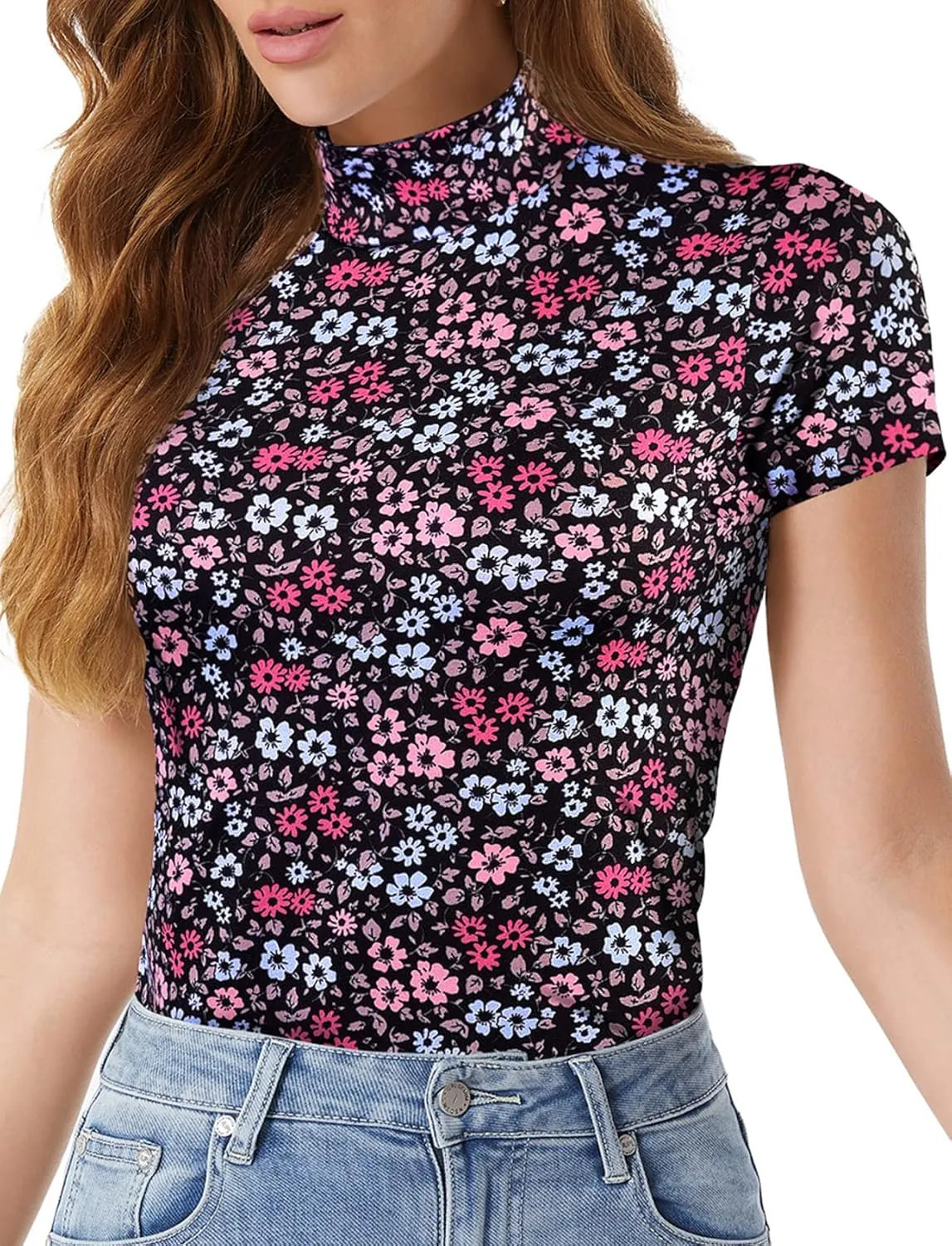 Mock Turtleneck Short Sleeve Tops for Women, Mock Neck Fitted T-Shirt Flowey Print Baselayer Office Tee