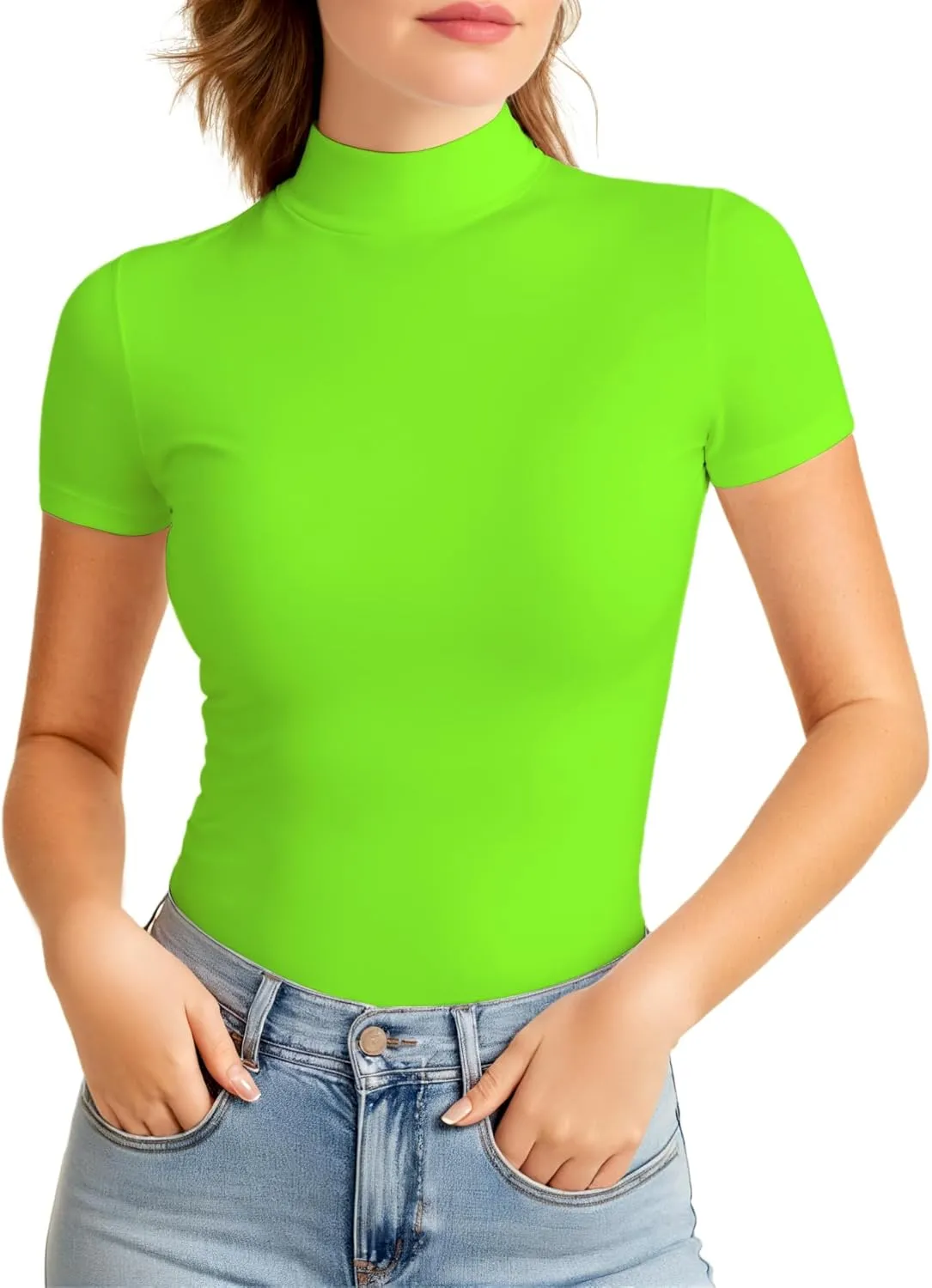 Mock Turtleneck Short Sleeve Tops for Women, Mock Neck Fitted T-Shirt Flowey Print Baselayer Office Tee