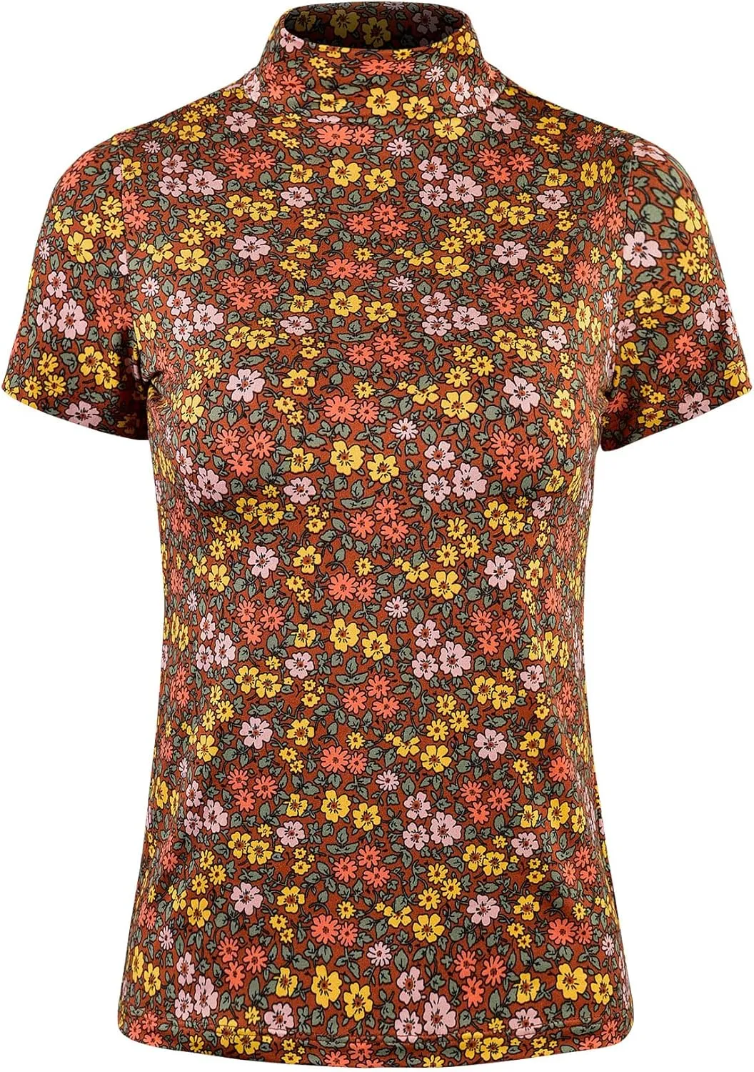 Mock Turtleneck Short Sleeve Tops for Women, Mock Neck Fitted T-Shirt Flowey Print Baselayer Office Tee