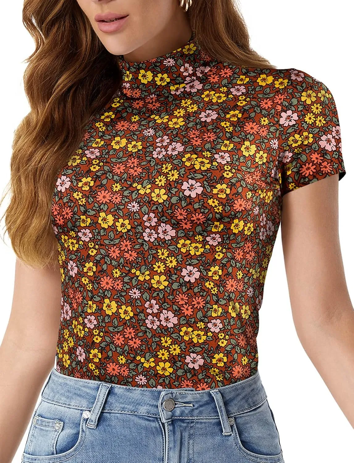 Mock Turtleneck Short Sleeve Tops for Women, Mock Neck Fitted T-Shirt Flowey Print Baselayer Office Tee