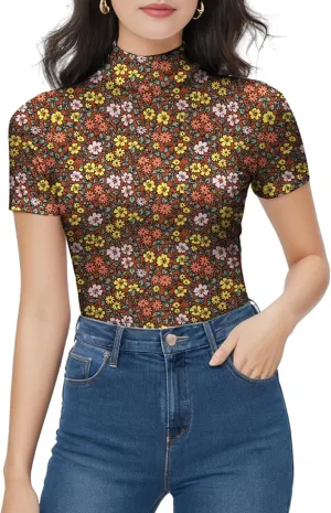 Mock Turtleneck Short Sleeve Tops for Women, Mock Neck Fitted T-Shirt Flowey Print Baselayer Office Tee