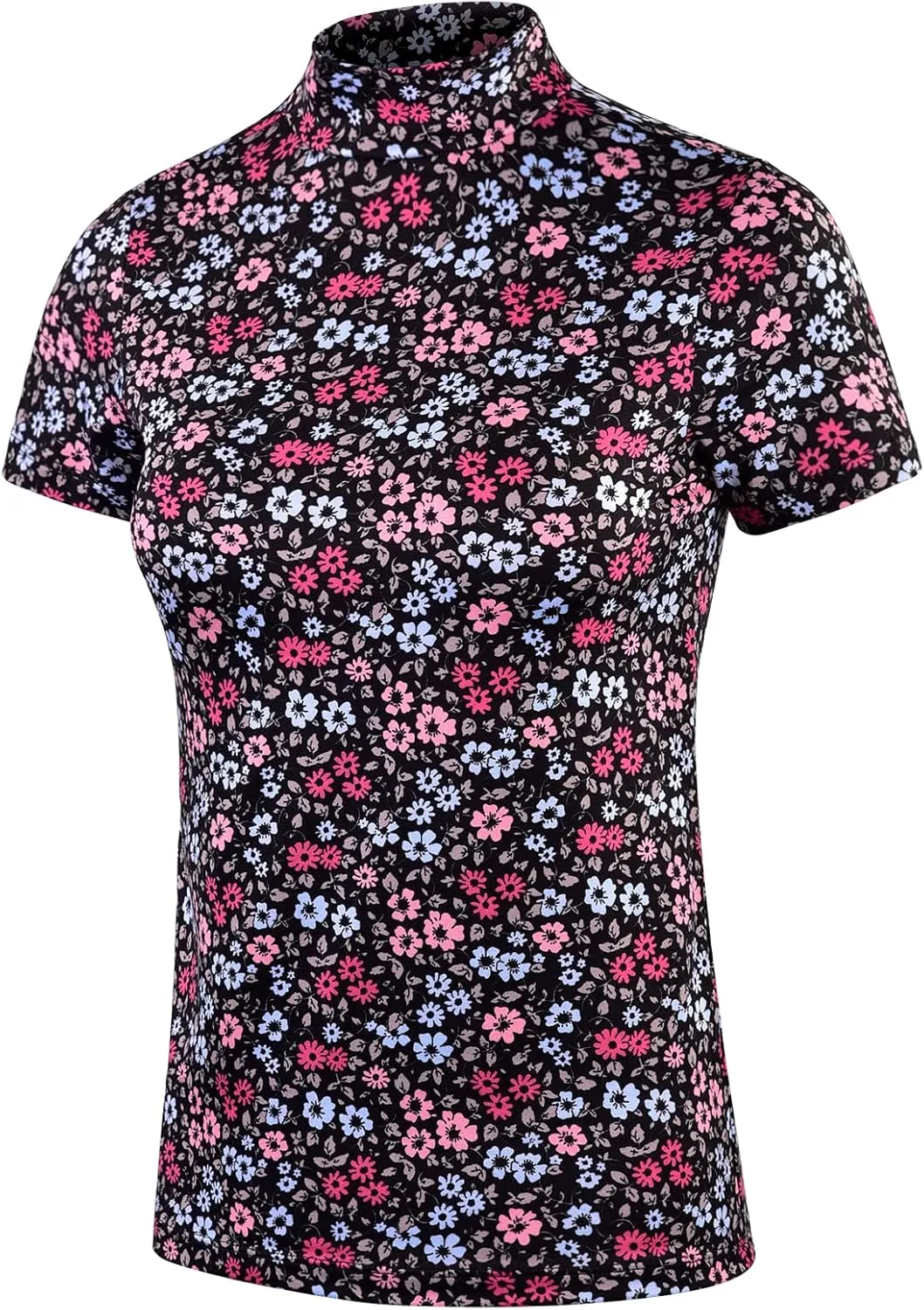 Mock Turtleneck Short Sleeve Tops for Women, Mock Neck Fitted T-Shirt Flowey Print Baselayer Office Tee
