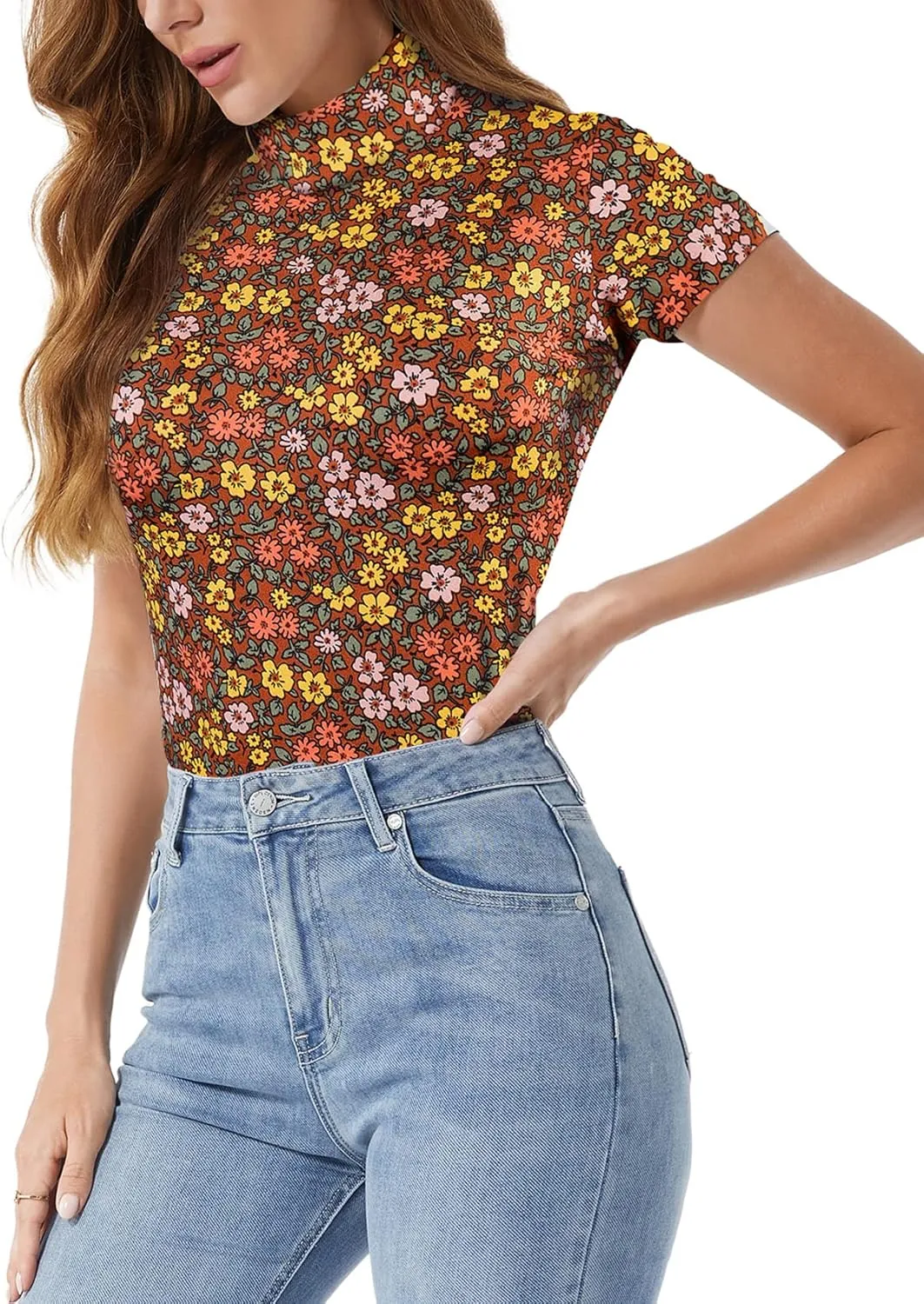 Mock Turtleneck Short Sleeve Tops for Women, Mock Neck Fitted T-Shirt Flowey Print Baselayer Office Tee