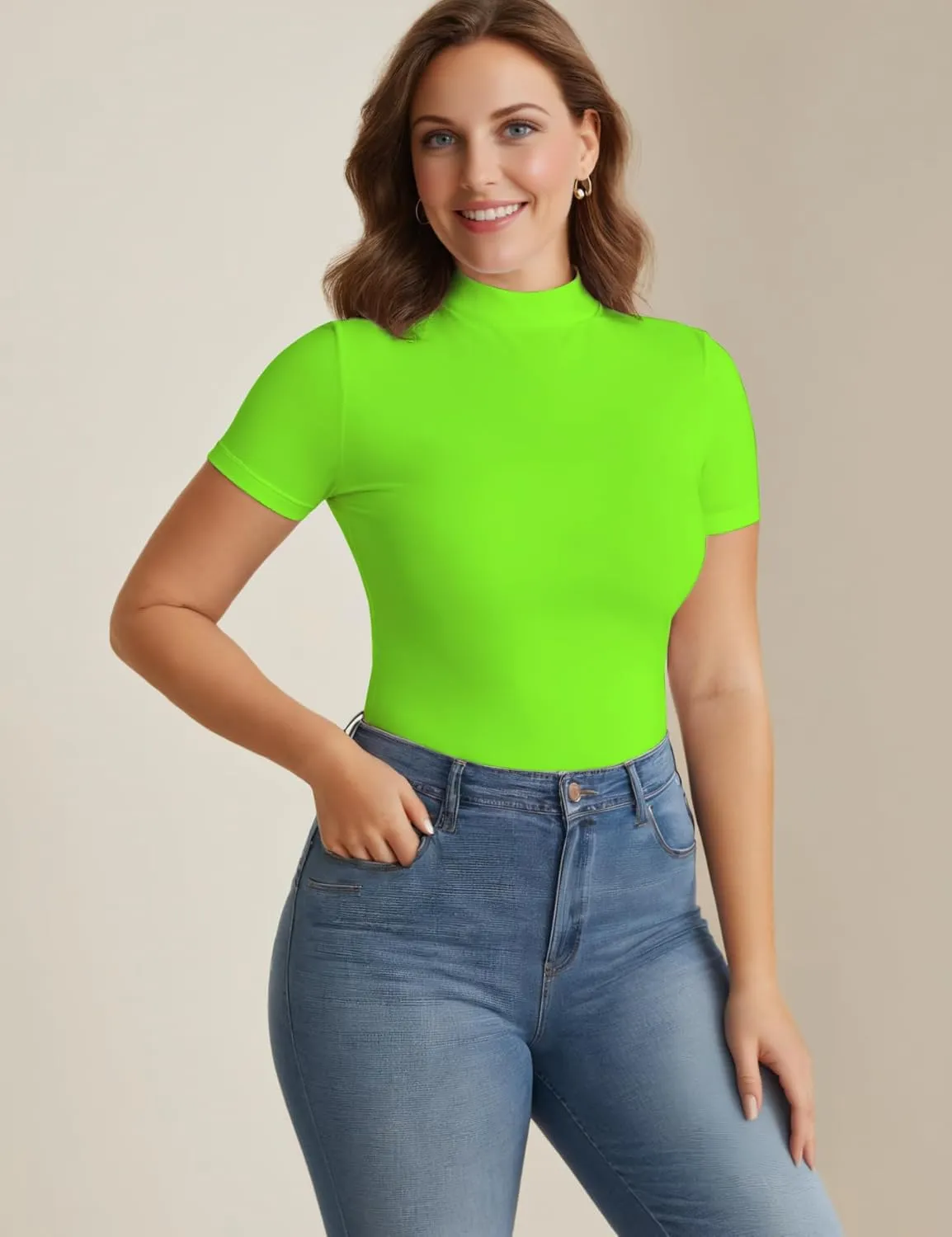 Mock Turtleneck Short Sleeve Tops for Women, Mock Neck Fitted T-Shirt Flowey Print Baselayer Office Tee