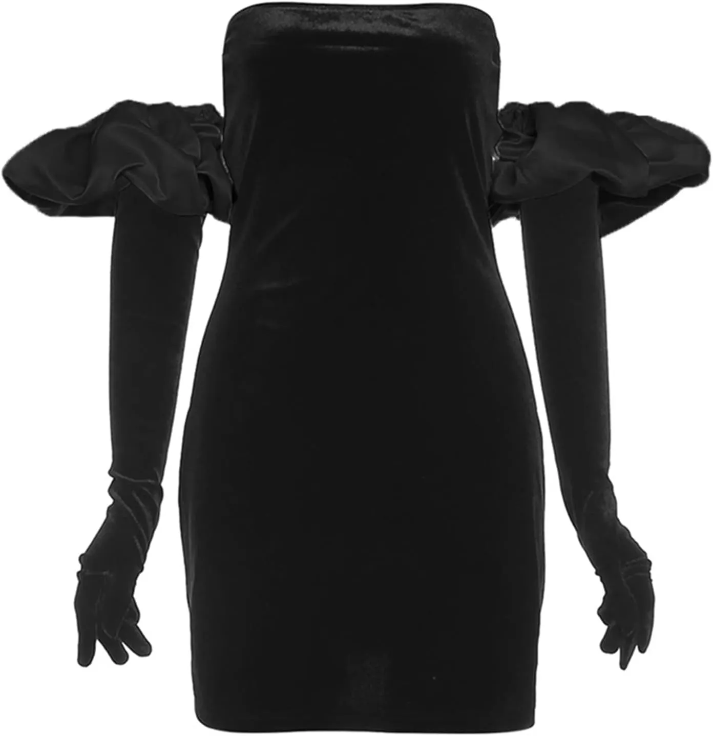 Multitrust Women Elegant Puff Sleeve Off Shoulder Velvet Wrap Dress Party Cocktail Mini Dress Bodycon with Long Gloves