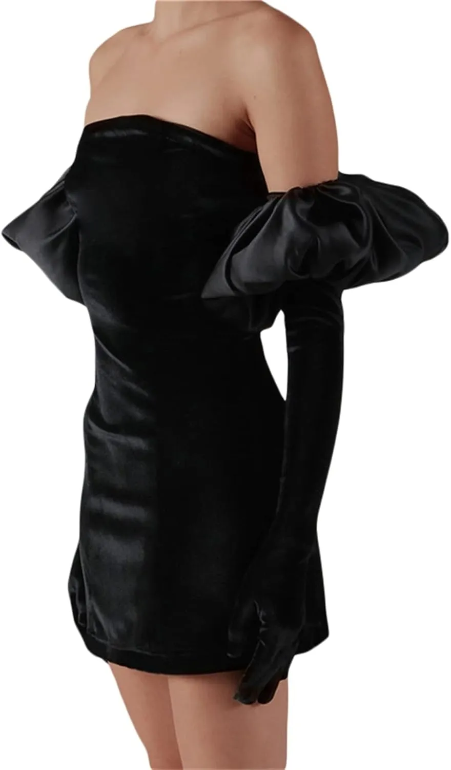 Multitrust Women Elegant Puff Sleeve Off Shoulder Velvet Wrap Dress Party Cocktail Mini Dress Bodycon with Long Gloves