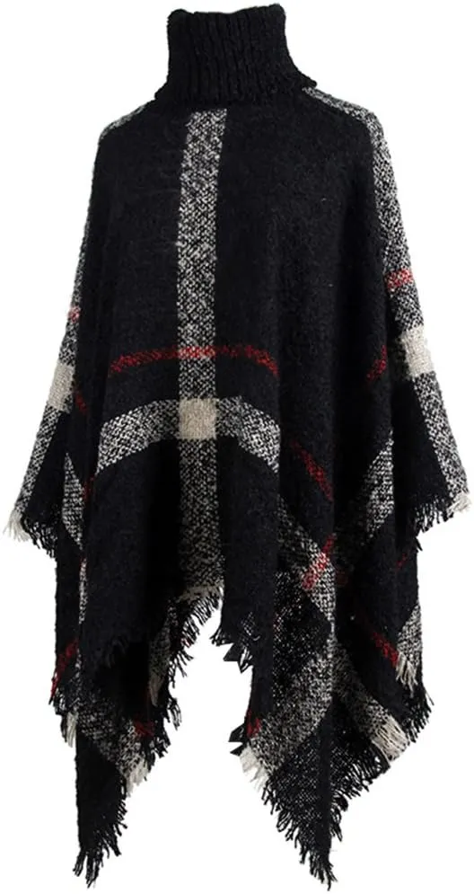 QZUnique Women's Turtleneck Poncho Sweater Knit Cape Pullover Shawl Wrap Dress Ponchos Tassels