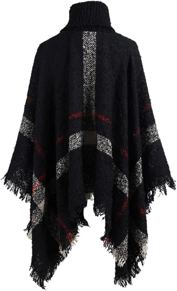 QZUnique Women's Turtleneck Poncho Sweater Knit Cape Pullover Shawl Wrap Dress Ponchos Tassels