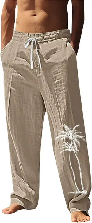 Relaxed Fit Hawaiian Tropical Leaf Pants for Men Lightweight Beach Sweatpants Comfy Lounge Graphic Vacation Drawstring