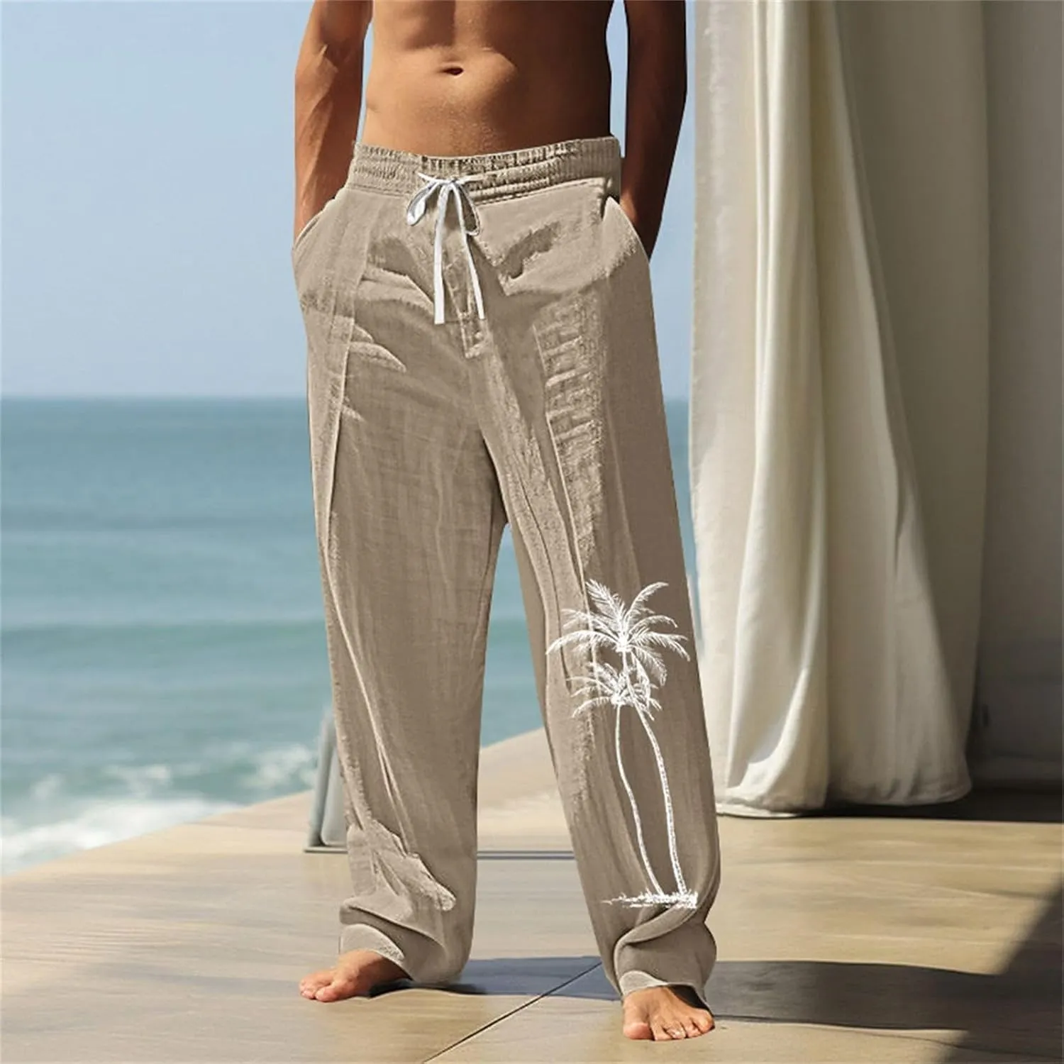 Relaxed Fit Hawaiian Tropical Leaf Pants for Men Lightweight Beach Sweatpants Comfy Lounge Graphic Vacation Drawstring