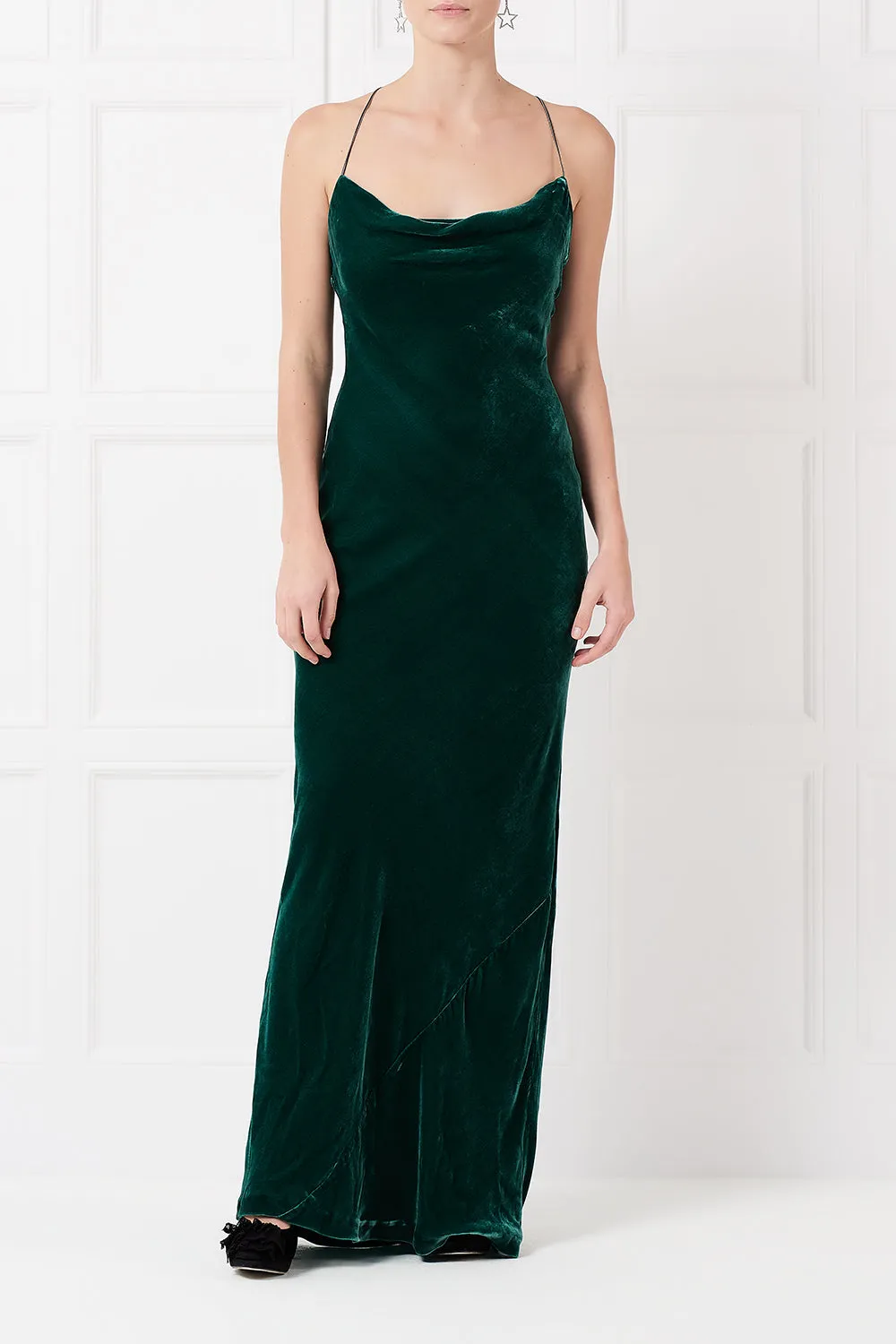 Siren maxi dress in green silk velvet