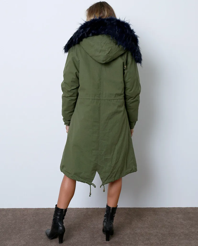 Toasty and Cute Anorak Coat - Olive/Royal