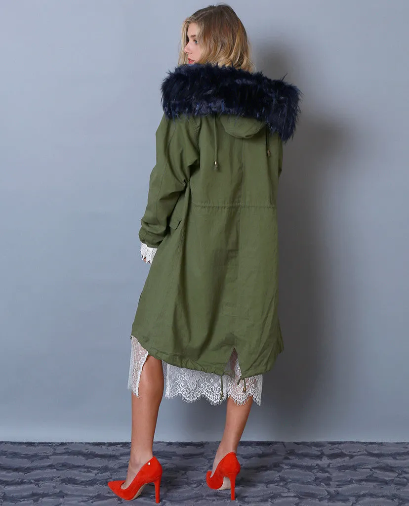 Toasty and Cute Anorak Coat - Olive/Royal